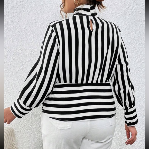 Plus Size Striped Long Sleeve Shirt Top Blouse Black White - Picture 4 of 5